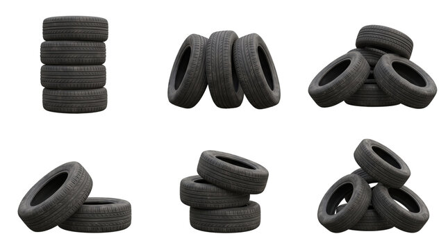 Collection of various stacked and arranged black rubber car tires for automotive maintenance and repair services isolated on a transparent background