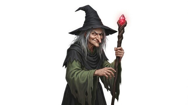 An older witch with grey hair and a pointed hat holding a magical glowing staff with a red crystal on top