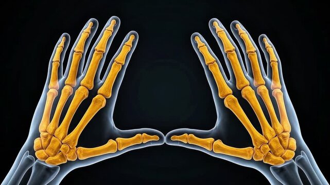Anatomical 3D visualization of human hand bones showing finger joints and movement during flexion and extension
