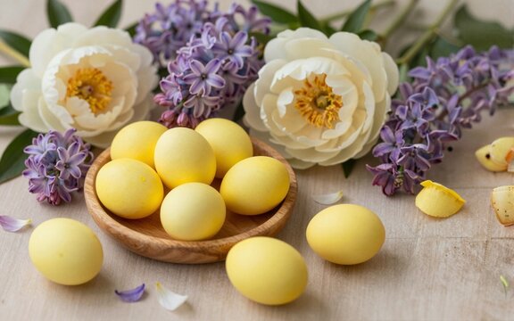 Bright yellow easter eggs among spring flowers flat lay
