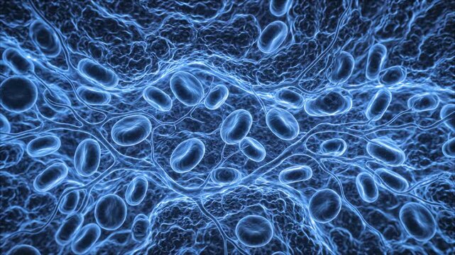 Adrenal gland microvascular tissue with organized adrenal cortical cells, delicate capillaries and gently circulating red blood cells, subtle warm red luminescence gradually fading into serene blue 