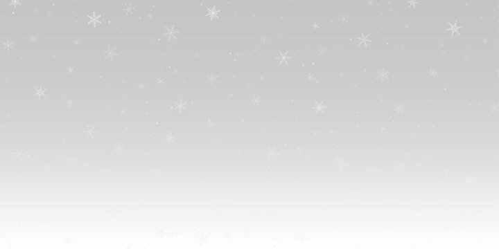 Winter background features falling snowflakes scattered across soft pale gradient. Snowflake pattern combines delicate crystalline forms and tiny white dots, isolated with transparent background.