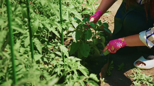 Hands in bright gloves tend to tomato plants. Sunlight filters through lush green foliage. Gardener kneels, nurturing growing crops. Nature's quiet rhythm, hands working soil