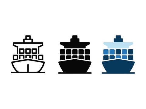 Cargo ship, container ship and freight vessel vector icon set for ocean transportation, international trade, supply chain and maritime logistics. Vector illustration and transparent PNG
