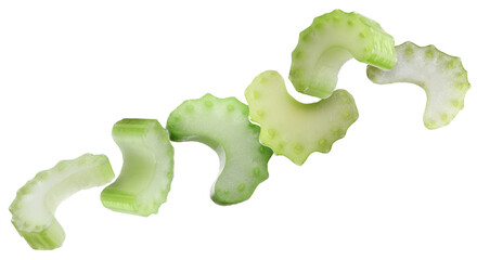 Pieces of celery stalk flying against transparent background © New Africa