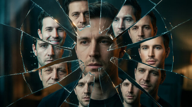 Man's portrait behind cracked glass with many look-alike faces