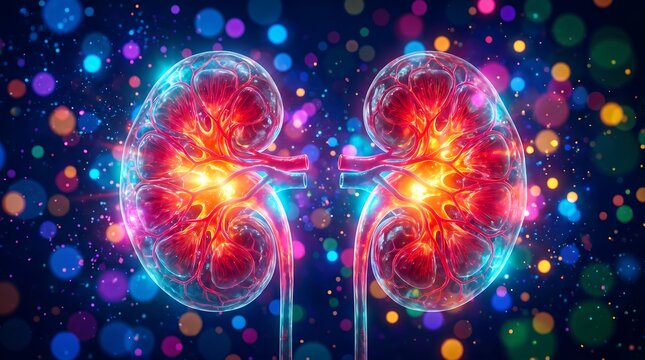The Human Kidneys A Vibrant, Illuminated, and Vital Organ Displayed in Artistic Brilliance