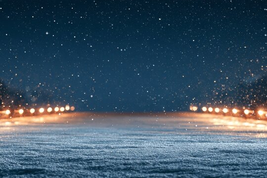 Snowy night scene with shimmering lights illuminating a peaceful winter landscape