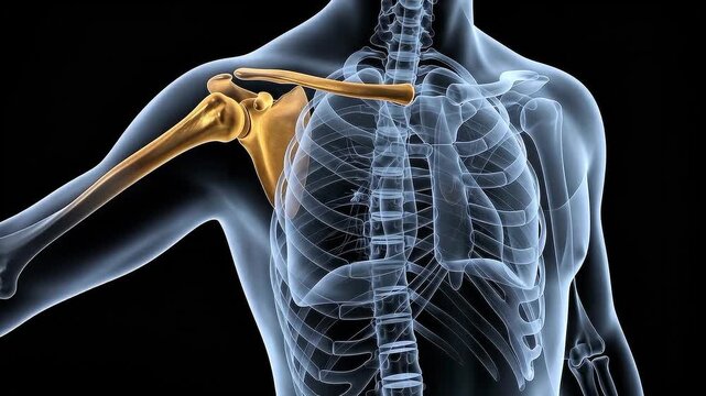 Anatomical 3D animation highlighting the human shoulder joint including the humerus, scapula, and clavicle bones in orange on a translucent blue skeletal torso.