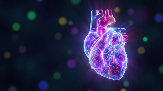 Glowing digital human heart anatomy with holographic blood vessels and cardiology science concept