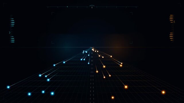 Futuristic 3D automotive cyber highway motion background with glowing photon orbs and light trails traveling exclusively along perspective road grid lines, framing an expansive negative copy space abo