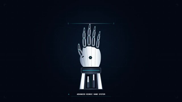 Ultra-realistic minimalist futuristic robotic motion graphic featuring an anatomically unified bionic prosthetic hand with sculpted metacarpal chassis, recessed knuckle sockets, ergonomic multi-link f