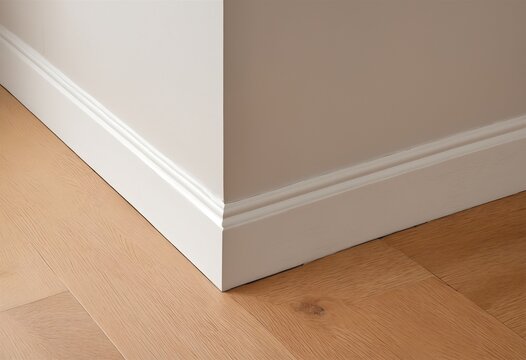 White skirting board meeting a wall corner on a light oak floor
