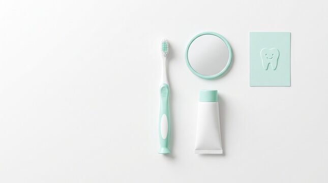 Flat lay of mint green dental care items including a toothbrush, toothpaste tube, round mirror, and a card with a smiling tooth on a light background with copy space