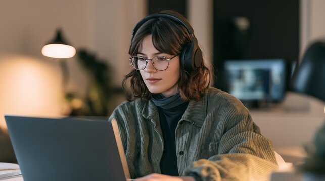 Focused young woman working on a laptop in a cozy home office during the evening