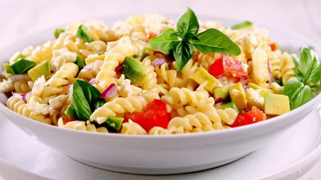 fresh pasta salad with fusilli avocado tomato red onion and basil in white bowl