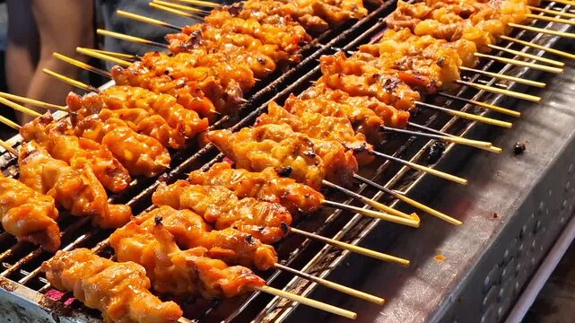 delicious grilled chicken skewers cooking on hot charcoal barbecue stove at street food market stall