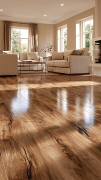 Sunlight dances on polished wood floors in a cozy living room bathed in warmth and natural light