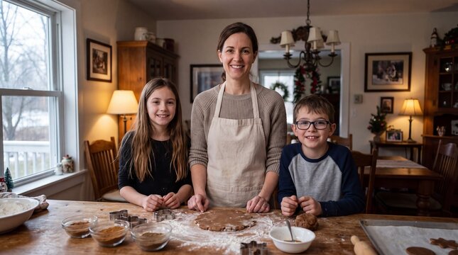 M&egrave;re et ses deux enfants pr&eacute;parant des biscuits de No&euml;l en pain d&rsquo;&eacute;pice dans une cuisine chaleureuse