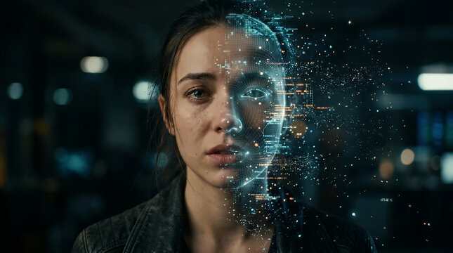 Symbolic deepfake with a worried woman's face turning into code