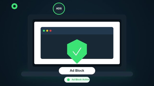 Flat Design Ad Block Software Animation on Laptop, Digital Cybersecurity Concept