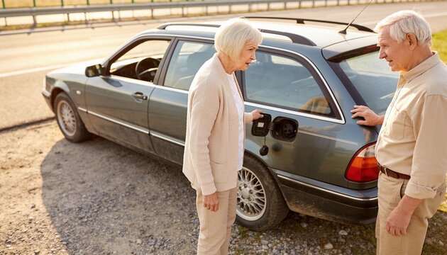 Stressed elderly couple stranded on highway shoulder checking open fuel tank of broken car after running out of gas during countryside road trip