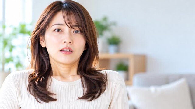 Relieved Japanese woman placing hand on chest with gentle smile after solving a problem