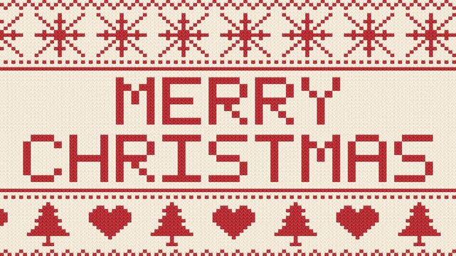 Knitted sweater pattern builds row by row with Merry Christmas in red stitches between snowflake and tree bands