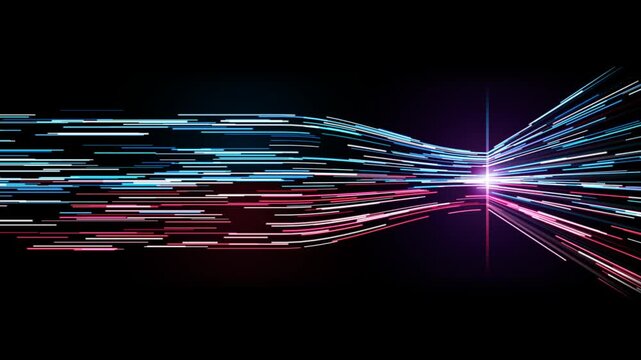 Futuristic dual-tone motion background of electric blue and neon red fiber optic light streaks streaming horizontally, converging into an energetic data pinch gate and bursting into a vibrant laser ra