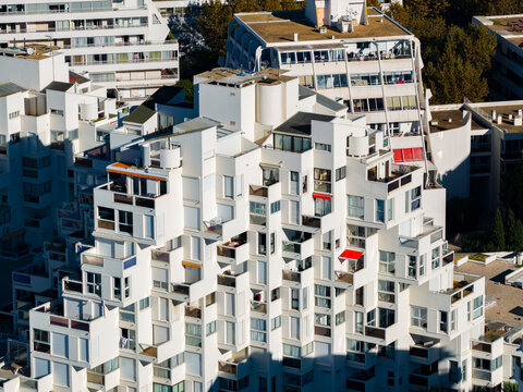 Aerial view of La Grande-Motte pyramidal architecture and Mediterranean coastline in south France 