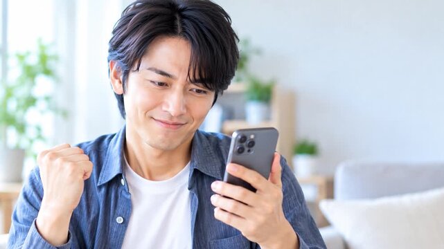 Japanese man looking at smartphone with a satisfied grin and amused smiling expression