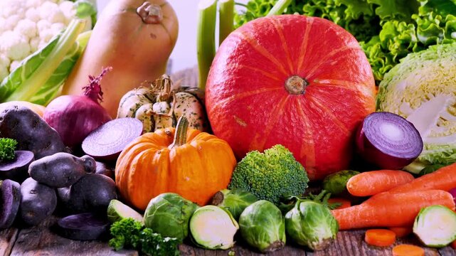 fresh organic autumn vegetables arrangement with pumpkins carrots broccoli cabbage and squash on wooden table