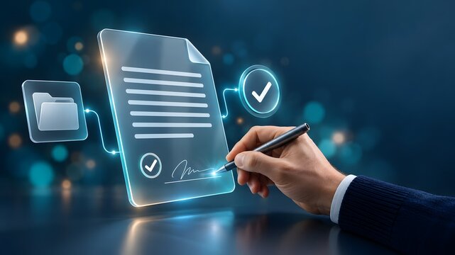 Businessman hand using a stylus pen to sign a glowing electronic contract on a virtual interface