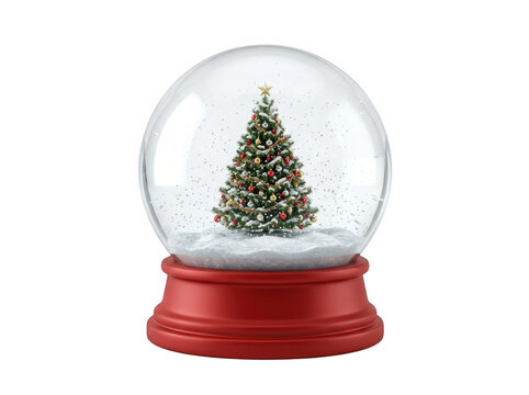 A classic glass snow globe containing a tiny Christmas tree isolated on transparent background. Perfect for festive winter greeting cards.