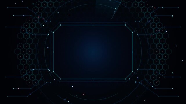 Futuristic 3D cybersecurity motion background with a spacious negative copy space vault in the center, framed by an octagonal cyber shield bezel, glowing honeycomb firewall matrix, PCB circuit encrypt