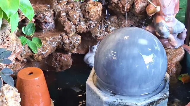 spinning grey marble sphere ball water fountain on hexagonal pedestal in garden rock waterfall feature