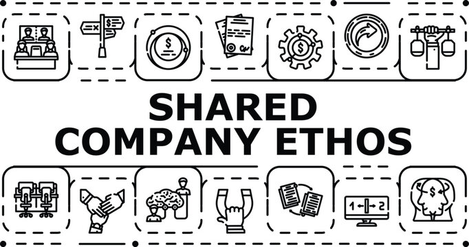 Shared company ethos banner infographic. Vision respect, values integrity, teamwork commitment icon vector illustration
