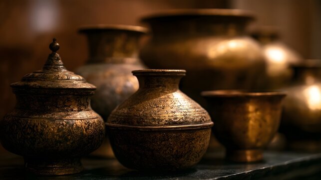 A collection of ornate brass vessels with intricate engravings  arranged in warm  soft lighting on a dark surface