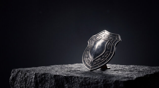 Ornate metal shield displayed on a stone pedestal against a dark background. Cybersecurity, data protection and digital defense concept. Network security and corporate information security.
