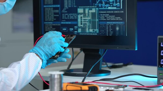 Technician wearing blue gloves tests an electronic circuit board with probes beside a computer showing a detailed circuit design in a modern lab.