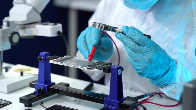 Technician in cleanroom gloves tests an electronic circuit board with probes at a laboratory workbench, showing precision manufacturing and quality control.