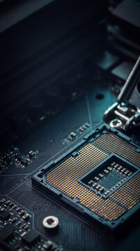 Close-up of exposed processor socket on computer motherboard. Cybersecurity hardware and computer security concept. Data protection, information technology and digital infrastructure.