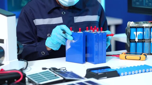 Technician wearing gloves and mask tests a blue rechargeable battery pack on a workbench with tools and electrical equipment in a repair lab.