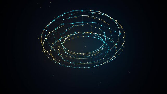 Futuristic 3D cryptographic torus hologram motion background featuring rotating golden ledger blocks, glowing cyber cyan data conduits, and high-speed financial transaction streams on deep dark navy.