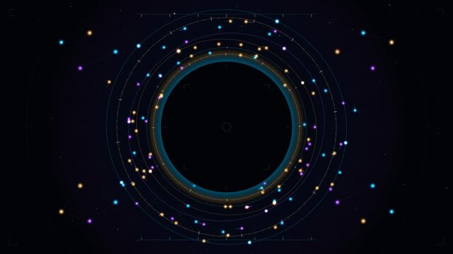 Futuristic educational astronomy motion background featuring a cosmic portal armillary astrolabe, celestial orbital rings, glowing gravitational stardust, and astronomical observatory calipers framing