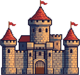 Pixel Art Medieval Castle Fortress Illustration with Red Flags and Stone Towers for Video Games © Hayyin Shalihah