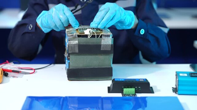 Technician wearing blue gloves tests and repairs a battery pack with wires and electronic tools on a workbench in a laboratory.