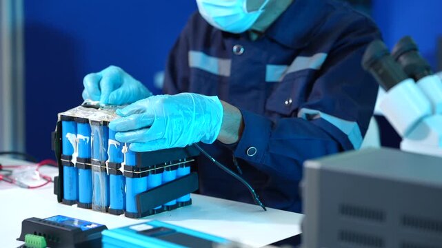 Technician wearing gloves and a face mask examines a blue battery pack beside a microscope in a laboratory.