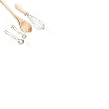 Watercolor illustration of baking tools and kitchen utensils isolated on white background