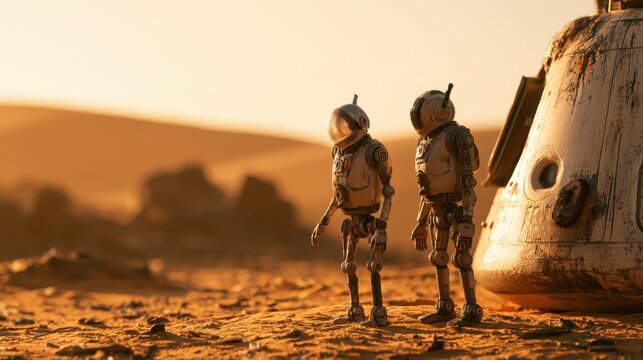 Desert planet tableau: twin robotic characters near a weathered escape capsule in warm golden hour light